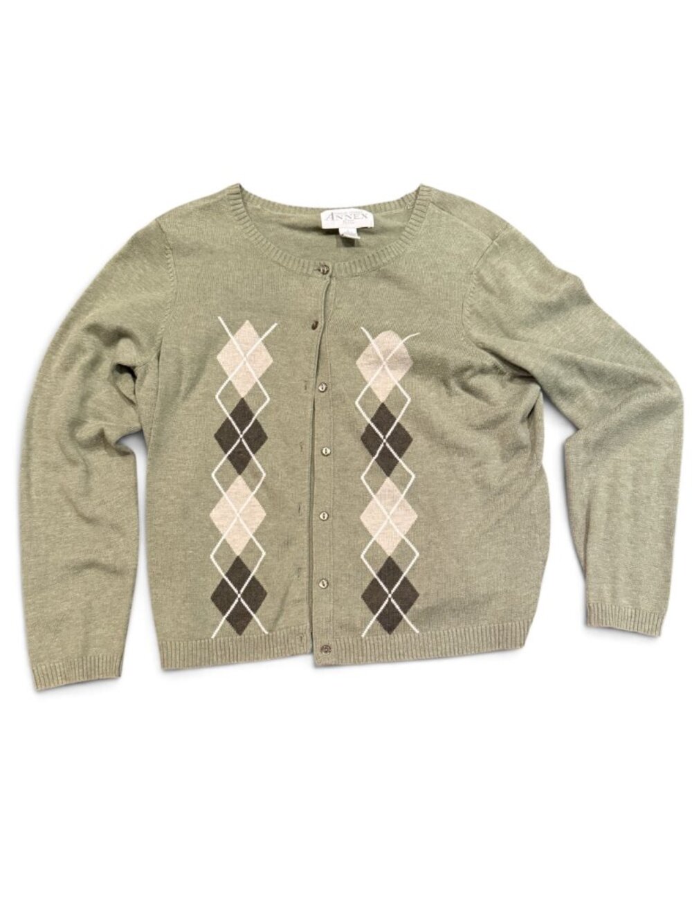Casual Corner Annex Petite Argyle Cardigan Sweater Olive Green Size Petite Large